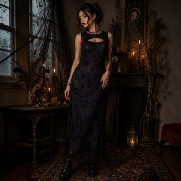 Cider Dresses & Skirts - Cider Black Sheer Flocked Floral Maxi Dress Medium Whimsigoth Y2K Witchy Grunge